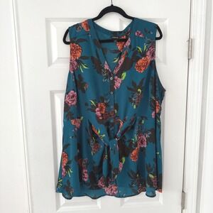 Torrid Teal Floral Sleeveless Tie Front‎ Blouse Plus Size 3 V-Neck Top 3X Print